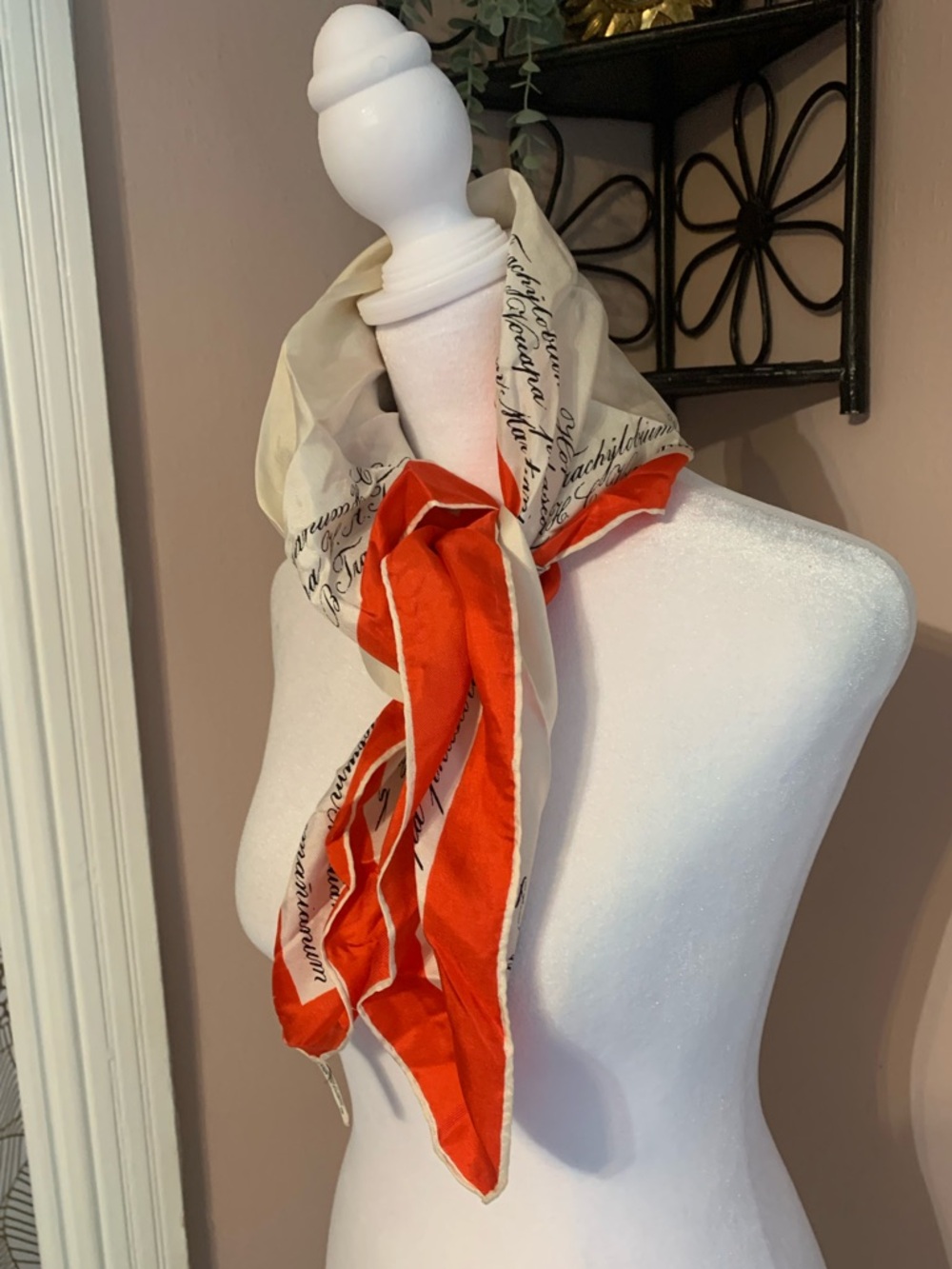 Vera Neumann Silk handrolled Red Cream Script Scarf quiet luxury old money